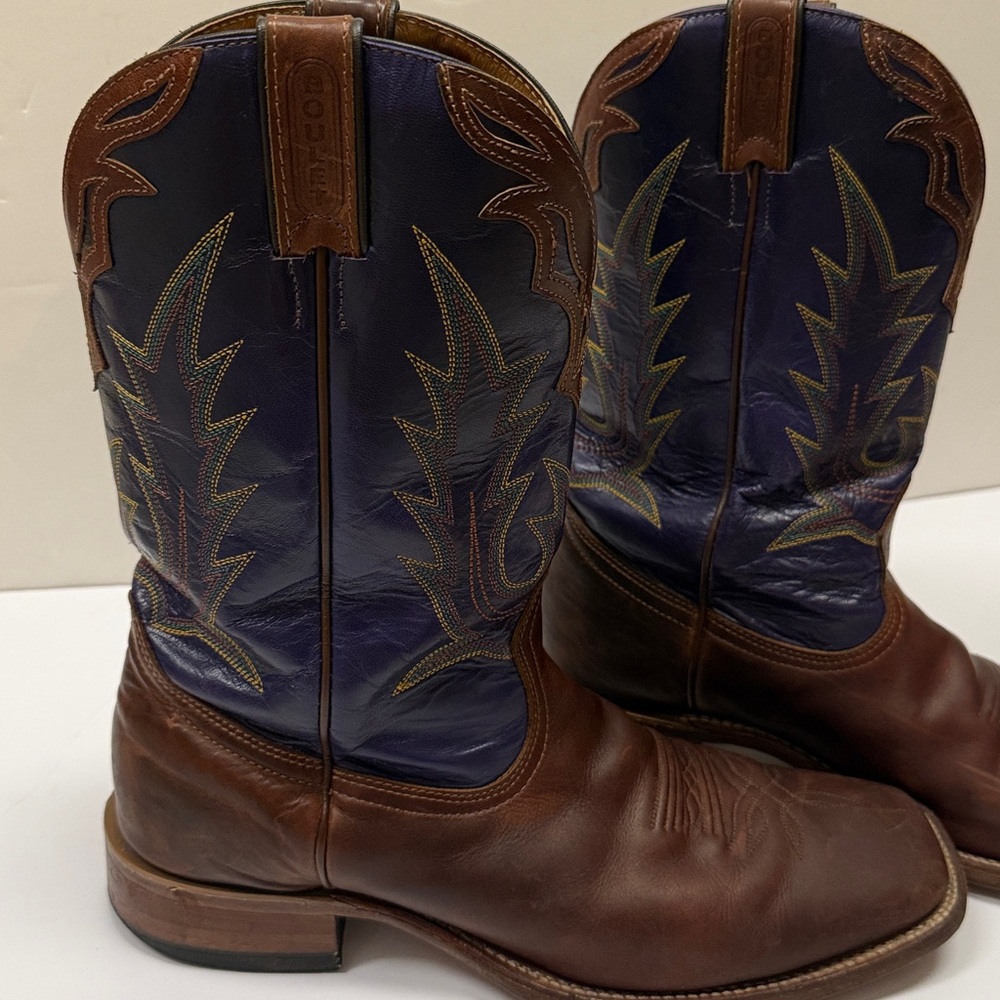 Men's Boulet Brown and Navy Western Leather Cowboy Boots, Size 11